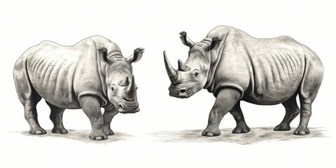Obraz premium A picture of a couple of rhinos standing next to each other. Suitable for wildlife enthusiasts and animal conservation campaigns