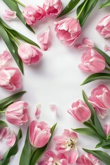 Pink tulips arranged in a circle on a white surface. Suitable for floral arrangements and spring-themed designs