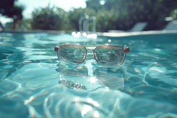 Foto op Plexiglas Glasses sitting on top of a pool. Perfect for summer vacation or poolside relaxation © Fotograf