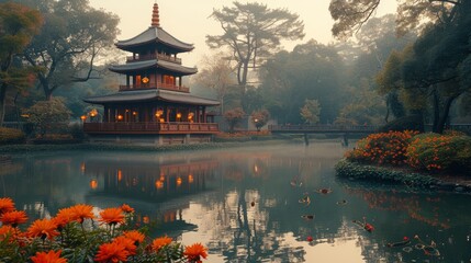 Traditional Asian Pagoda in a Zen Garden: A peaceful scene featuring a traditional Asian pagoda surrounded by a serene Zen garden, conveying tranquility. - obrazy, fototapety, plakaty