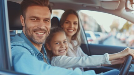 Car buying and leasing. Joyful white family test driving new vehicle in city, relishing road trip view. Parents and young daughter on holiday, journeying in automobile.