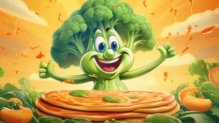 A cartoon broccoli character holding up a stack of pancakes. Perfect for food and health-related designs - obrazy, fototapety, plakaty