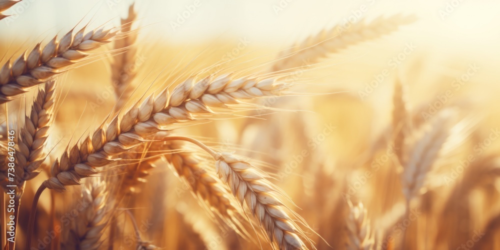 Poster close up of a bunch of wheat in a field. ideal for agricultural and nature concepts