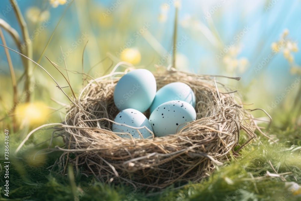 Poster three eggs in a nest on green grass. suitable for nature and wildlife themes