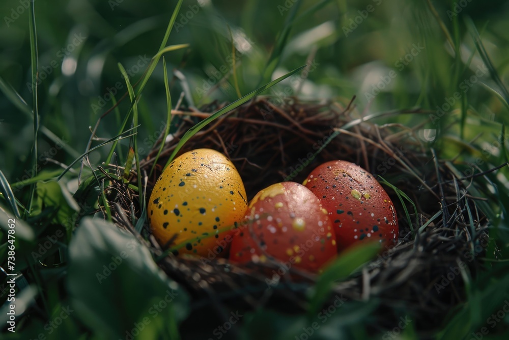 Poster three eggs resting in a nest on the grass. suitable for nature and wildlife themes