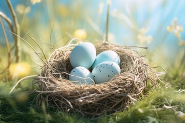 Three eggs in a nest on green grass. Suitable for nature and wildlife themes