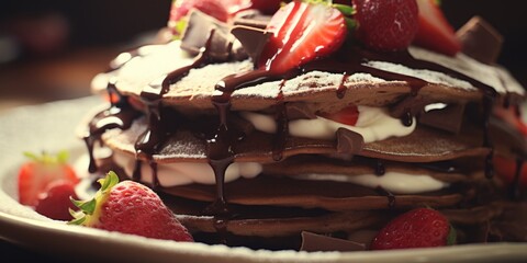 Delicious stack of pancakes topped with chocolate and fresh strawberries, perfect for breakfast or dessert