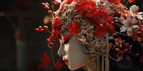 A mannequin showcasing a red and white headpiece, suitable for fashion or retail concepts