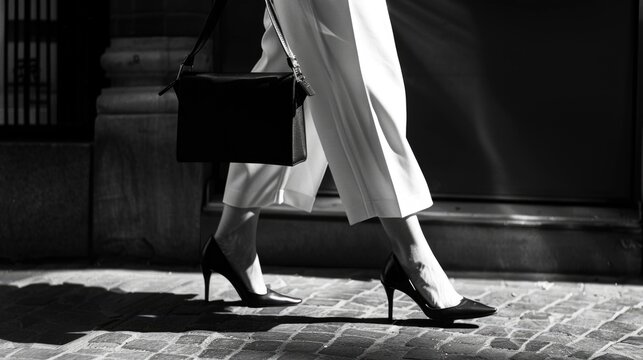 A black and white photo of a woman in high heels. Suitable for fashion or lifestyle concepts