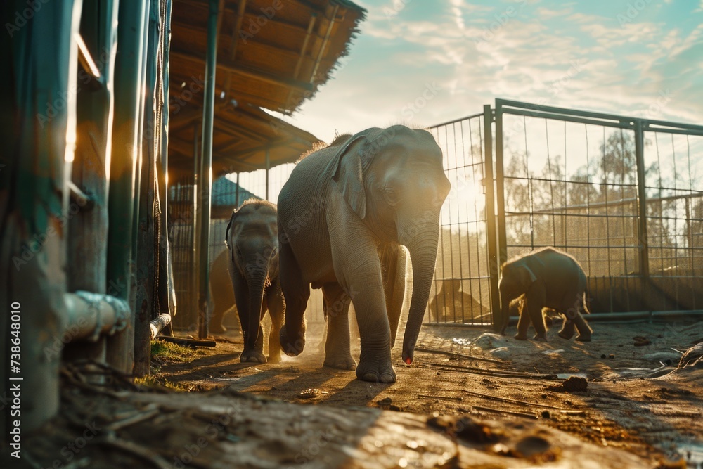 Poster a group of elephants standing in a fenced area. suitable for wildlife or zoo themes