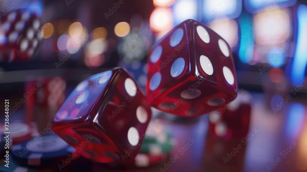 Poster two red dice resting on a wooden table. suitable for gaming or gambling concepts