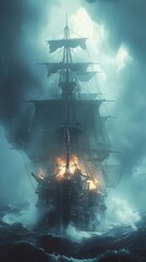 Demon pirate captain commanding a ghost ship sailing through phantom mists on the ocean