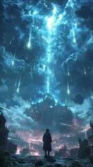 Obraz premium Demon orchestrating meteor showers to rain destruction upon angelic starbases