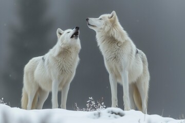 Obraz premium Two majestic white wolves stand tall in the snow, embodying the wild beauty and resilience of the canis species in the freezing winter landscape