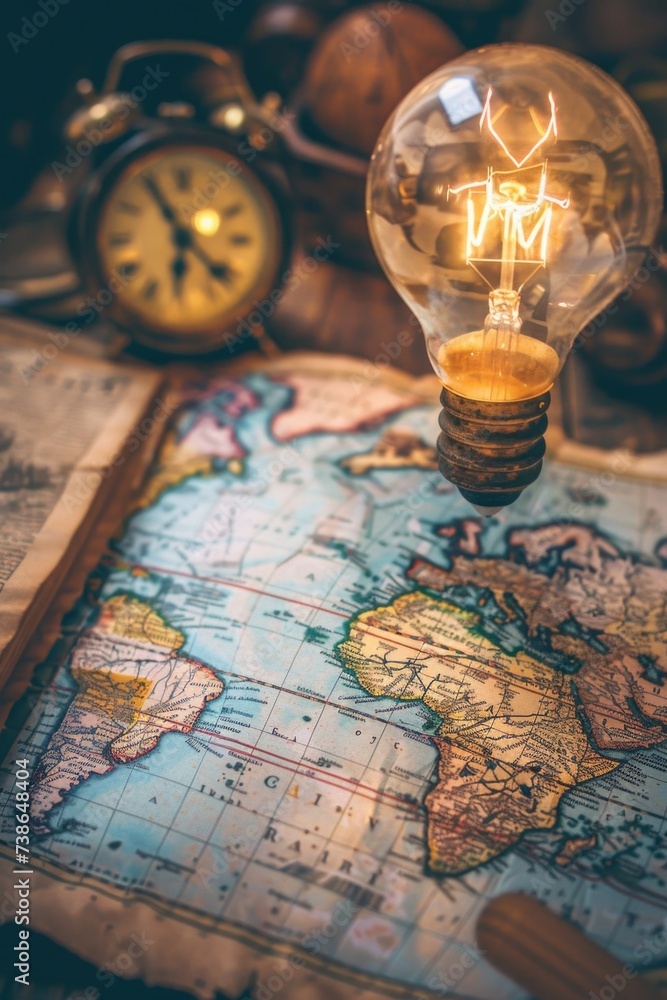 Poster light bulb sitting on top of a map, useful for educational or travel concepts