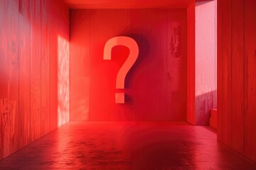 A red room with a question mark on the wall. Suitable for mystery and uncertainty concepts - obrazy, fototapety, plakaty