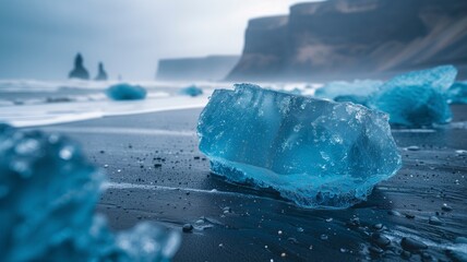 A solitary blue iceberg slowly melts on a rocky beach, surrounded by the crisp winter air and the vastness of the arctic ocean