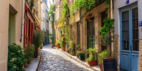 Charming alleyway in district in Paris, France showcasing Parisian buildings and attractions.