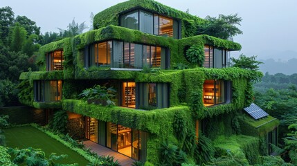 Eco friendly public libraries walls covered in ivy solar paneled roofs