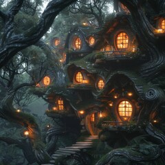 Fototapeta na wymiar Enchanted forest with treehouse dwellings protected by woodland spirits