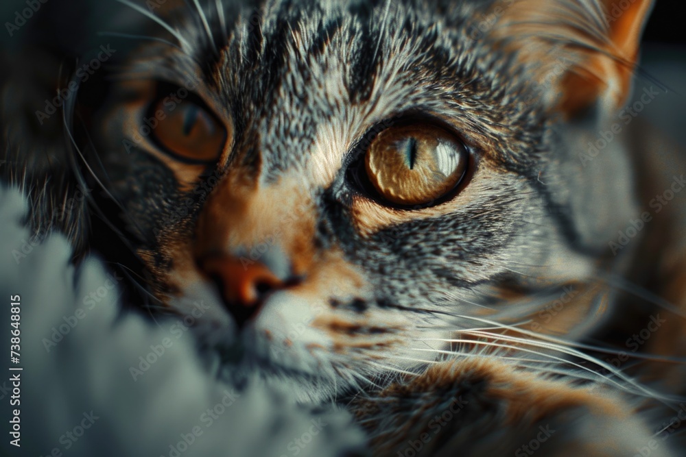 Poster A close up of a cat's face with a blurry background. Suitable for various design projects