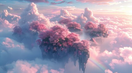 Floating islands above the clouds connected by rainbows a serene retreat