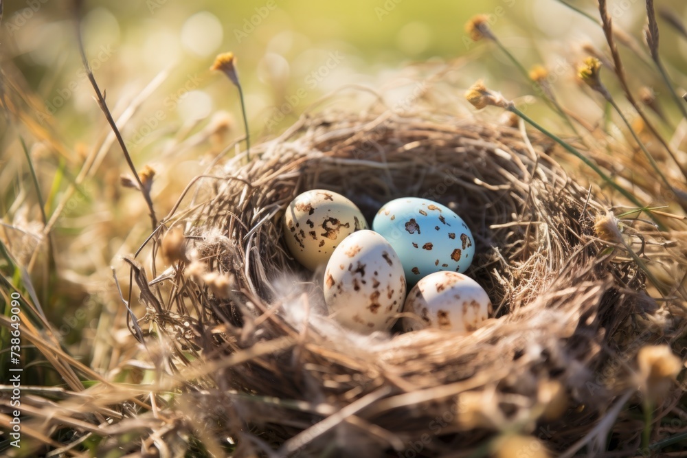 Poster a bird nest with three eggs. suitable for nature and wildlife themes