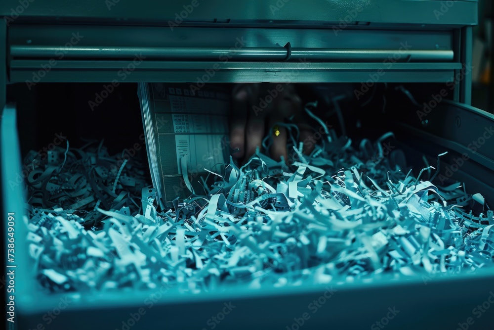 Poster person cutting through shredded paper in a machine. useful for office and document destruction conce