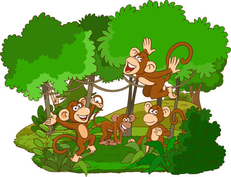 Illustration of monkeys playing in the forest