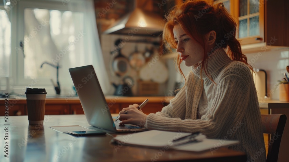 Aufkleber Woman sitting at a table using a laptop computer. Suitable for technology and remote work concepts