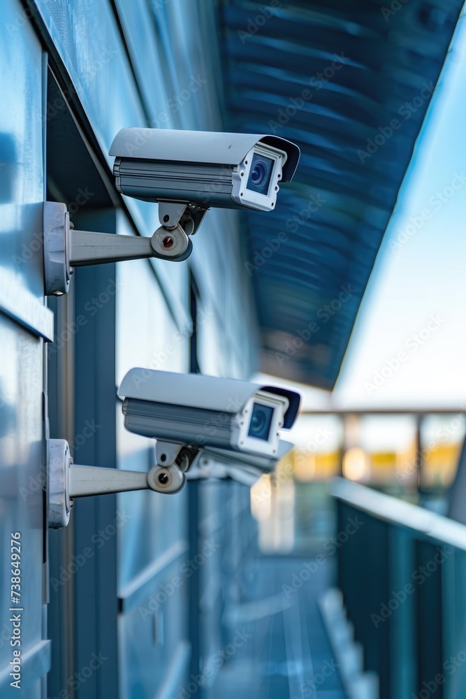 Poster two surveillance cameras mounted on a building. suitable for security concepts