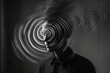 Intriguing black and white photo of a man with his head in the center of a swirling spiral, abstract concept