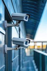 Two surveillance cameras mounted on a building. Suitable for security concepts
