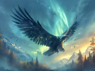 Harpy with aurora borealis wings meteoric screech sky painter - obrazy, fototapety, plakaty
