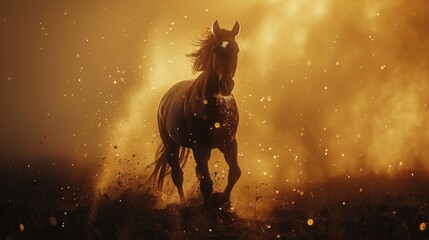 Horse galloping across a meteor shower mane ablaze with stardust - Powered by Adobe
