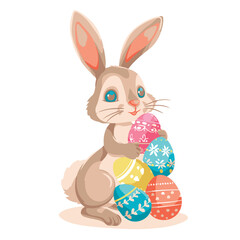 Vector cute cartoon rabbit with easter eggs