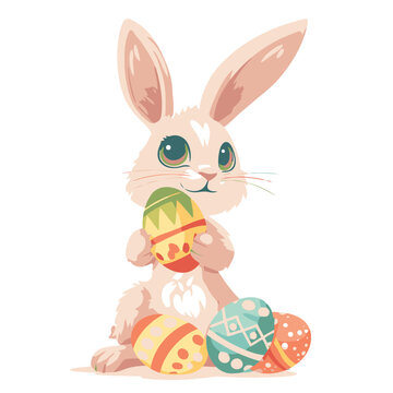 Vector cute cartoon rabbit with easter eggs