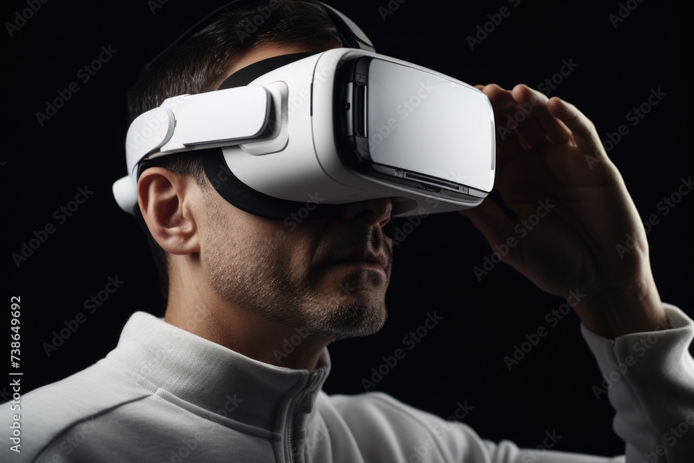 Poster a man is pictured wearing a virtual reality headset. this image can be used to illustrate the concep