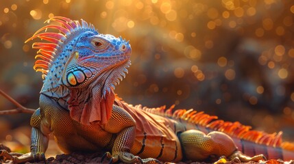 Fototapeta premium Iguana basking under the warm divine light its scales reflecting heavenly rainbows