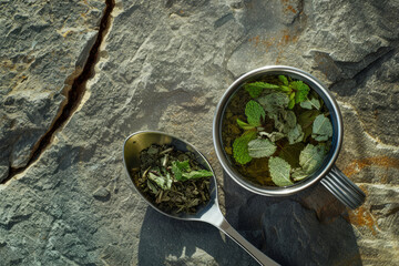 Tea from freshly picked herbs outdoors. A metal cup with tea and a spoon next to it on a rock, view from above
