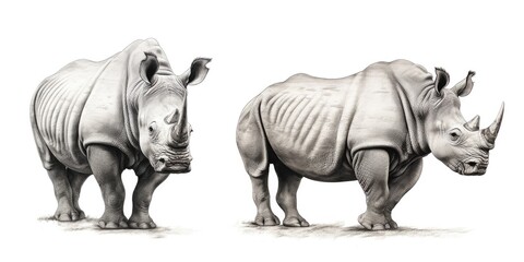 Fototapeta premium Two rhinos standing side by side. This image can be used to depict the strength and unity of a couple or the beauty of wildlife