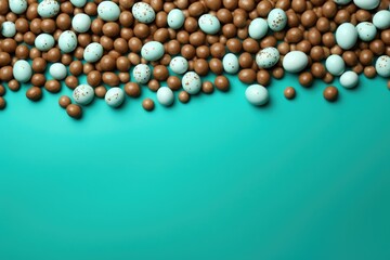 A collection of chocolate and candy balls arranged in a pile on a blue surface. This image can be used to depict sweet treats, indulgence, desserts, or party decorations
