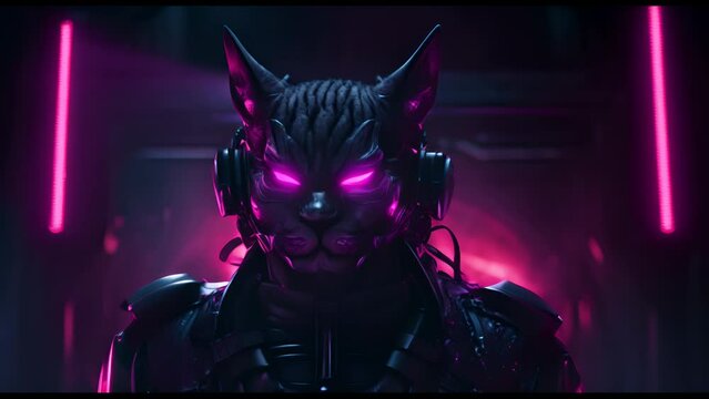 Anthropomorphic fantasy super hero cat in cyborg armor. Fantastic android kitten in cyberpunk style. Technology and future concept.