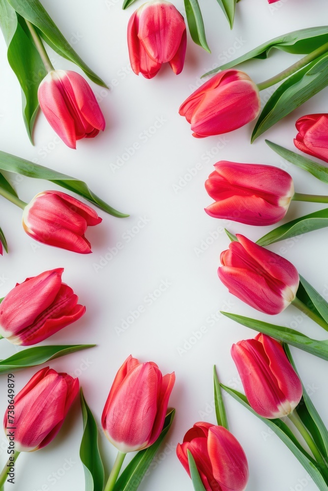 Aufkleber A circle of vibrant red tulips arranged on a clean white surface. Perfect for adding a pop of color to any design or project