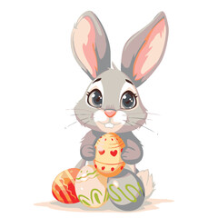 Vector cute cartoon rabbit with easter eggs