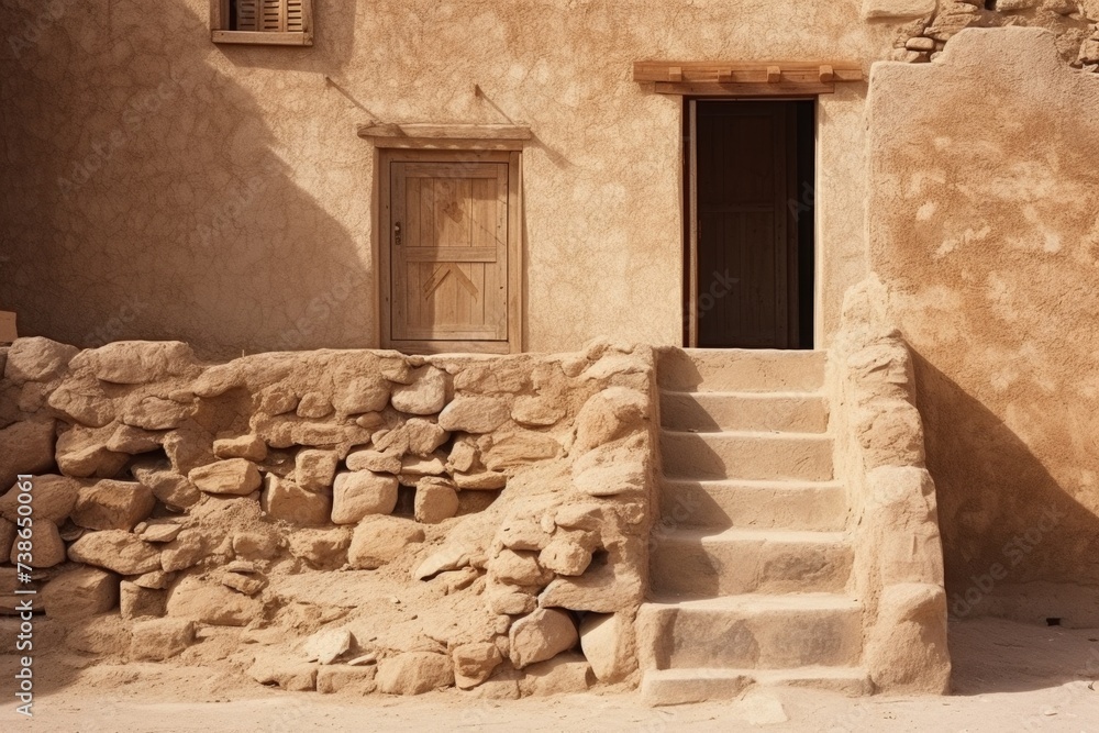 Poster a picture of a stone building with a door and steps leading up to it. this image can be used to depi
