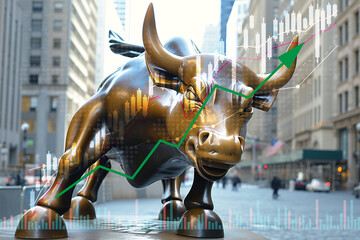 Bull and stock market, Business financial graph chart analysis report. - obrazy, fototapety, plakaty