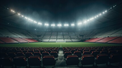 An empty stadium with rows of red seats and vibrant lights. Perfect for sports events, concerts, or...