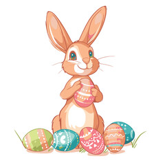 Vector cute cartoon rabbit with easter eggs