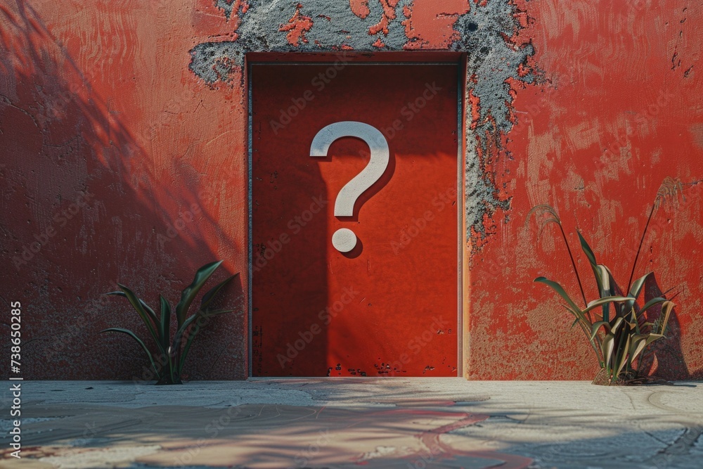 Aufkleber A red door with a question mark symbol on it. Suitable for illustrating uncertainty or mystery in various contexts